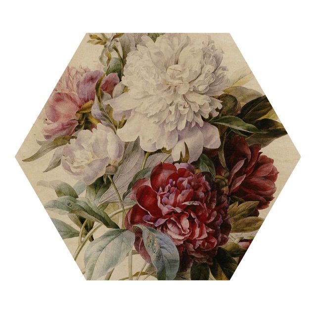 Esagono in legno - Pierre Joseph Redouté - Bouquet di peonie rosse, viola e bianche