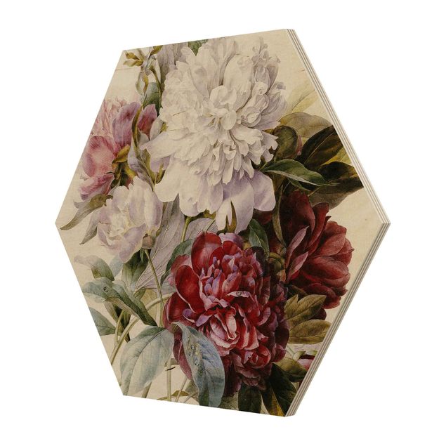 Esagono in legno - Pierre Joseph Redouté - Bouquet di peonie rosse, viola e bianche