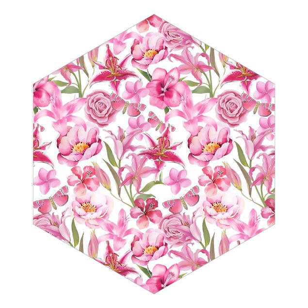 Carta da parati esagonale adesiva con disegni - Fiori rosa con farfalle