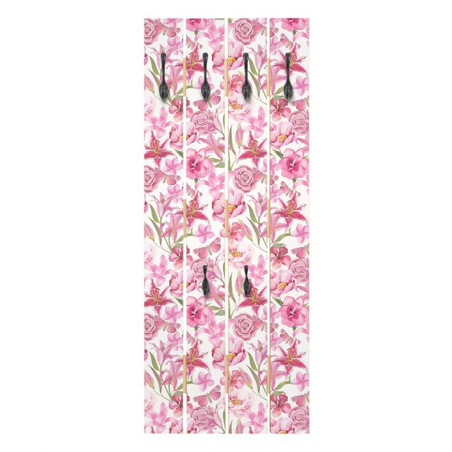 Appendiabiti in legno - Fiori rosa con farfalle