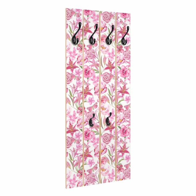 Appendiabiti in legno - Fiori rosa con farfalle