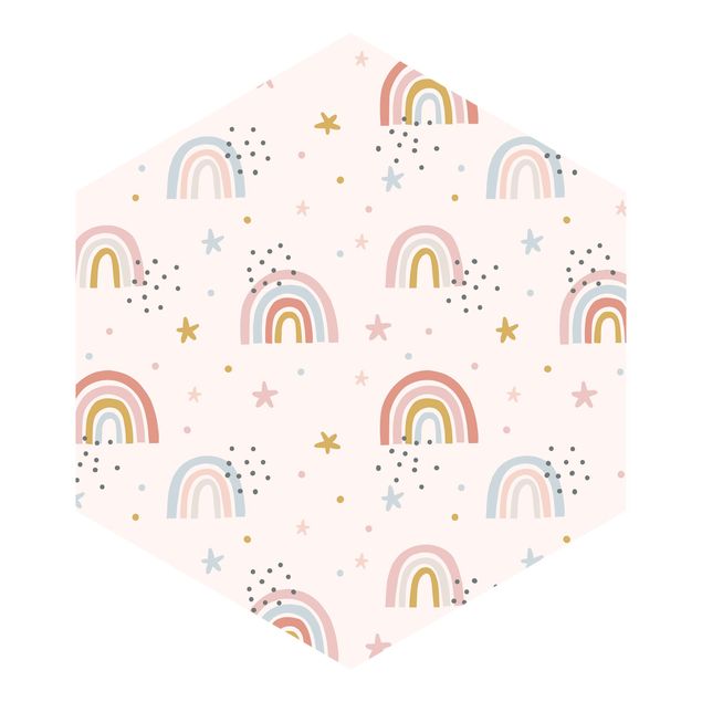 Carta da parati esagonale adesiva con disegni - Mondo arcobaleno con stelle e puntini