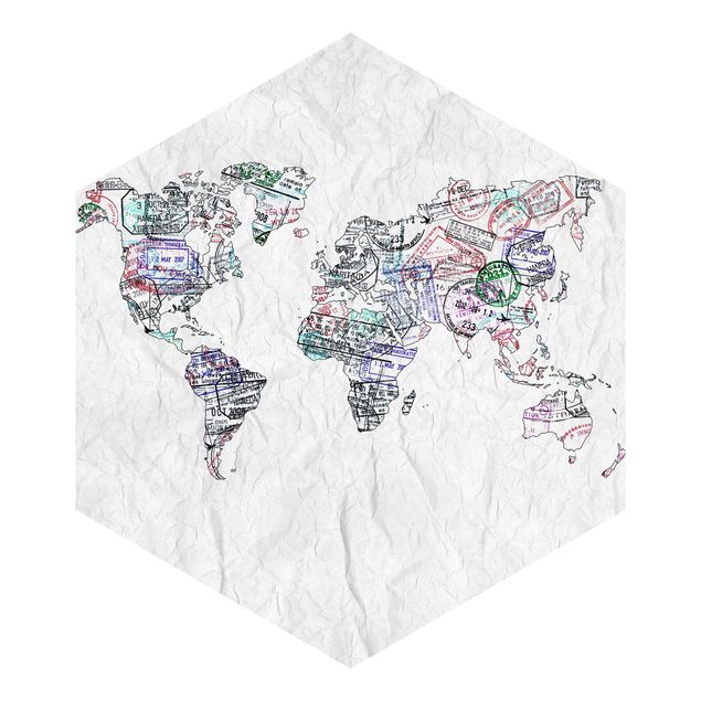 Carta da parati esagonale adesiva con disegni - Timbri del passaporto su planisfero