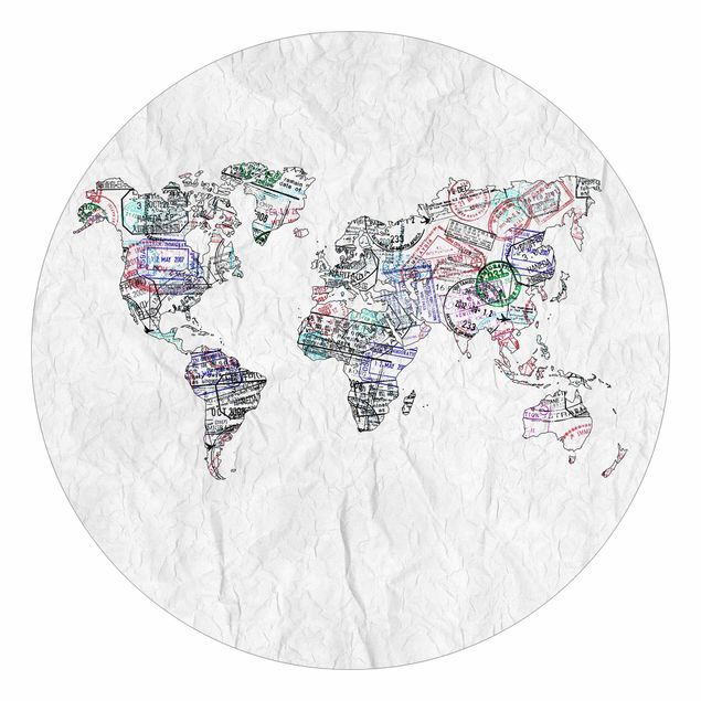 Carta da parati rotonda autoadesiva - Timbro del passaporto mappa del mondo