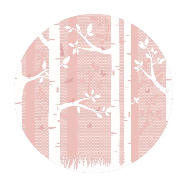 Tappeto in vinile rotondo - Bosco di betulle rosa con farfalle e uccelli