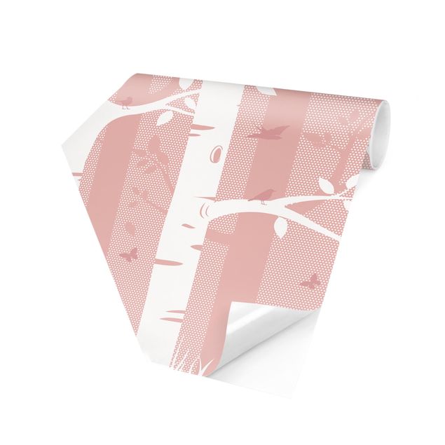 Carta da parati esagonale adesiva con disegni - Bosco di betulle rosa con farfalle e uccelli