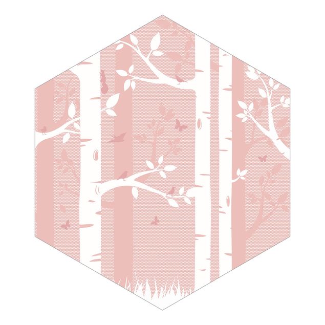 Carta da parati esagonale adesiva con disegni - Bosco di betulle rosa con farfalle e uccelli