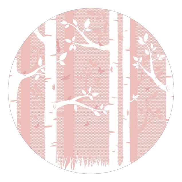 Fotomurale rotondo Bosco di betulle rosa con farfalle e uccelli