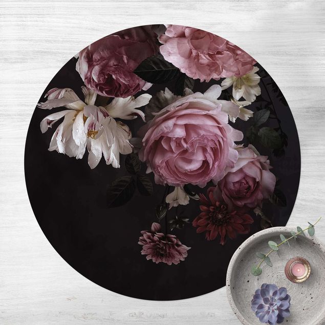 Tappeto in vinile rotondo - Rose su sfondo nero vintage