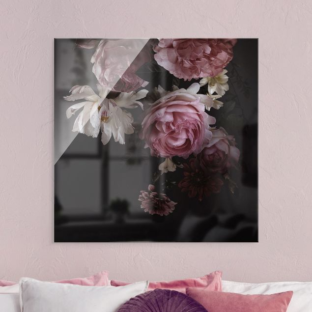 Quadro in vetro - Pink Flowers On Black - Quadrato 1:1