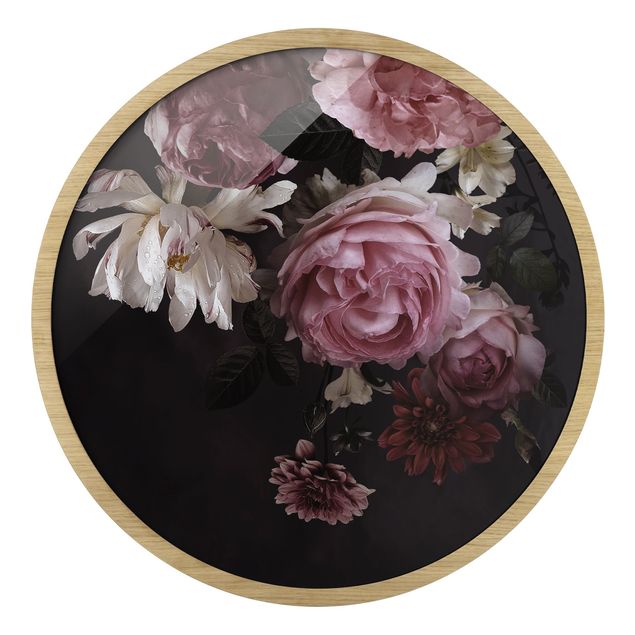 Quadro rotondo incorniciato - Rose su sfondo nero vintage