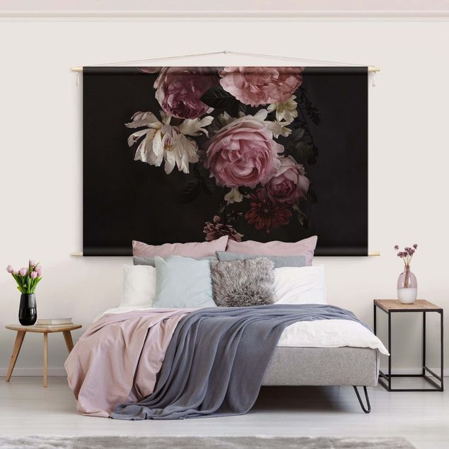 Arazzi da parete grande Rose su sfondo nero vintage