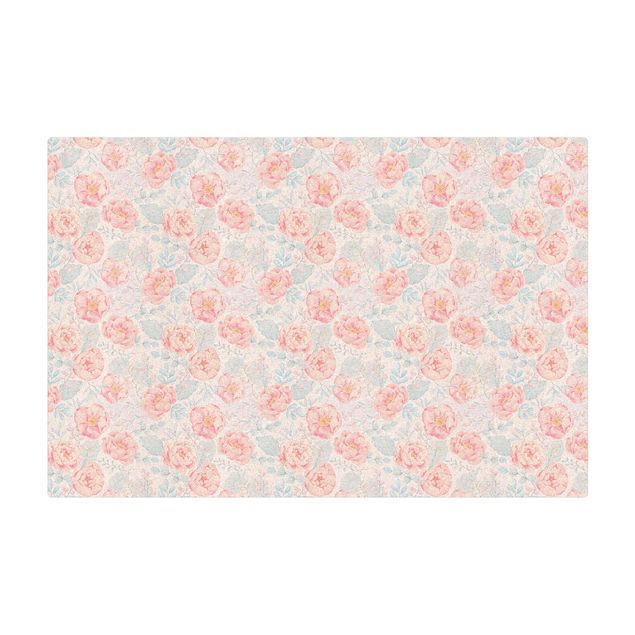 Tappetino di sughero - Fiori rosa con foglie celesti - Formato orizzontale 3:2