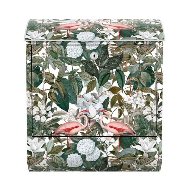 Cassetta postale - Fenicotteri rosa con foglie e fiori bianchi