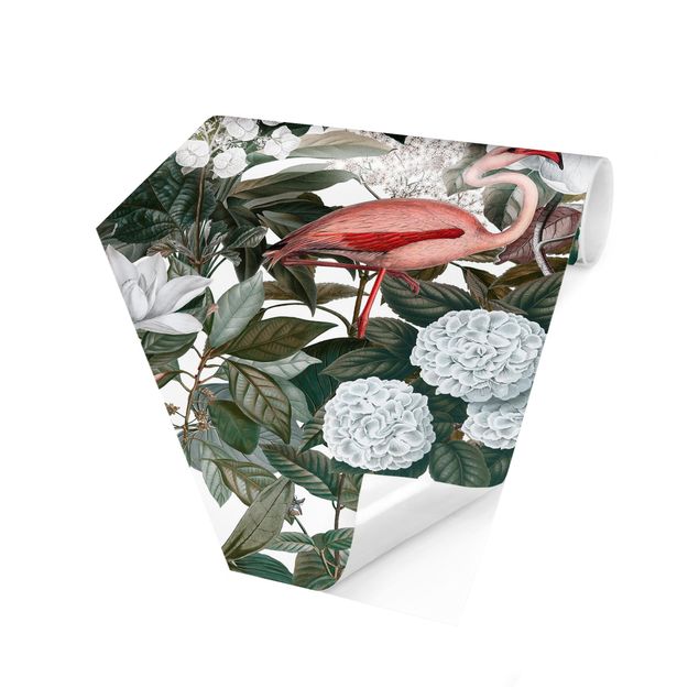 Carta da parati esagonale adesiva con disegni - Fenicotteri rosa con foglie e fiori bianchi