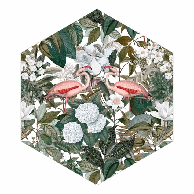 Carta da parati esagonale adesiva con disegni - Fenicotteri rosa con foglie e fiori bianchi