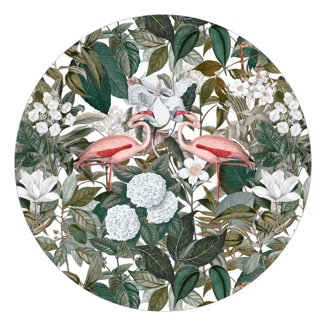 Carta da parati rotonda autoadesiva - Fenicotteri rosa con foglie e fiori bianchi