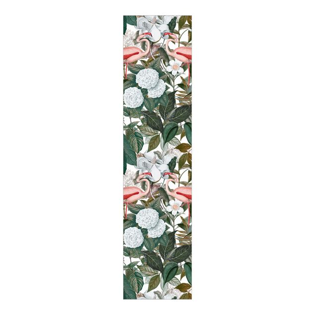 set tende a pannello Fenicotteri rosa con foglie e fiori bianchi