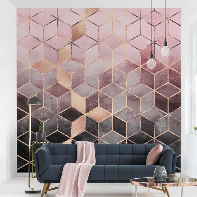 carta da parati effetto acquerello Geometria dorata rosa-grigio