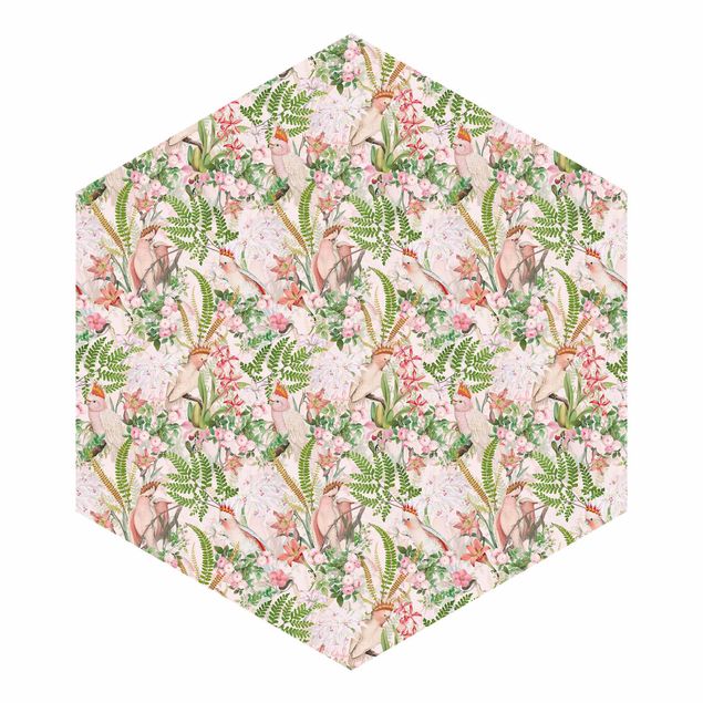 Carta da parati esagonale adesiva con disegni - Cacatua rosa con fiori