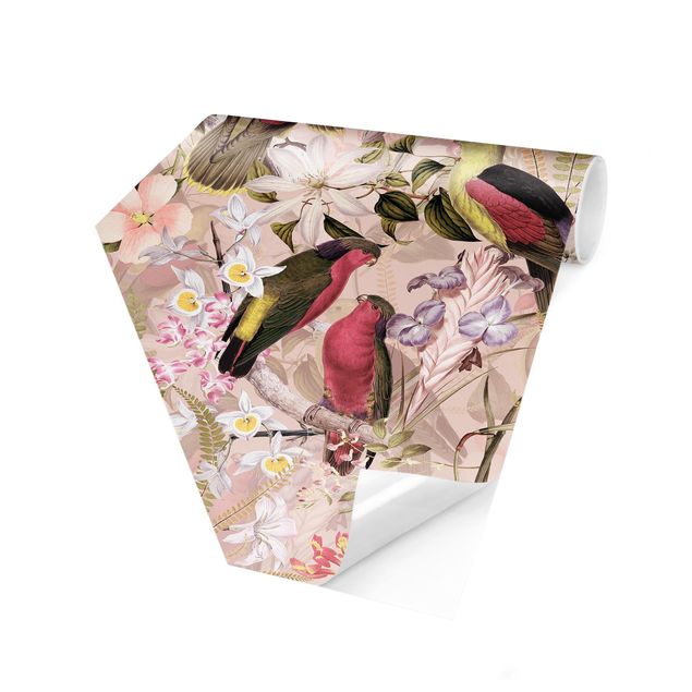 Carta da parati esagonale adesiva con disegni - Uccelli rosa pastello con fiori