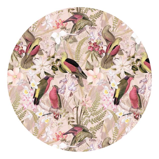 Carta da parati rotonda autoadesiva - uccelli rosa pastello con fiori