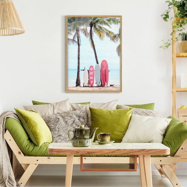 Poster con cornice - Tavole da surf rosa sotto le palme