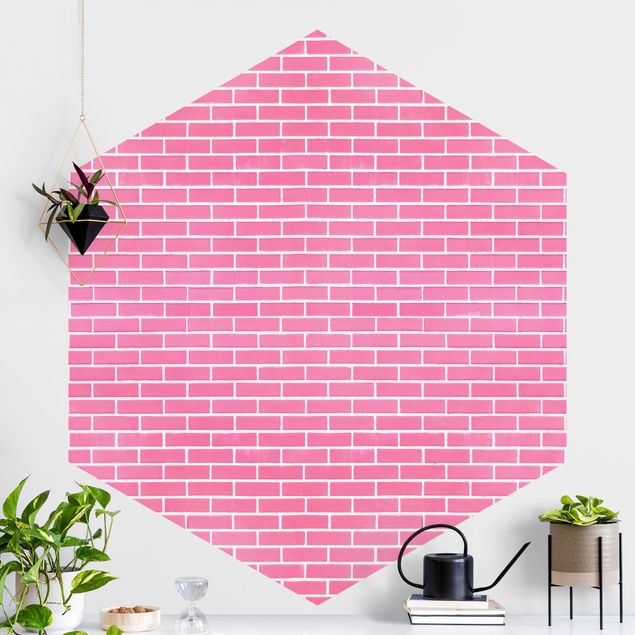 Carta da parati esagonale Muro di mattoni rosa