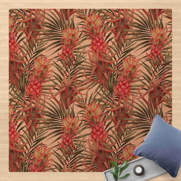 Tappeti bagno moderni Ananas rosso con foglie di palma tropicale