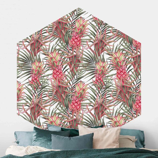 carta da parati giungla tropicale Ananas rosso con foglie di palma tropicale