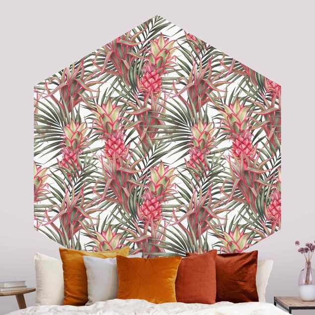 Carta da parati esagonale Ananas rosso con foglie di palma tropicale