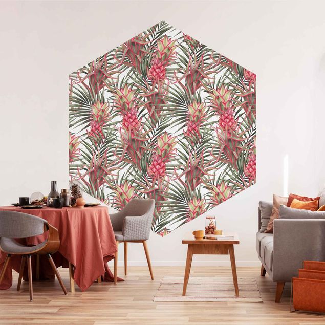 carta da parati per centri estetici Ananas rosso con foglie di palma tropicale