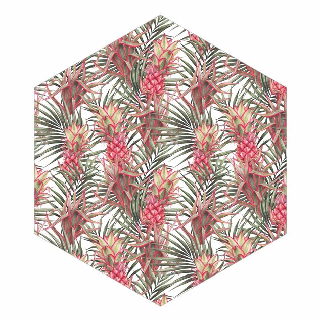 Carta da parati esagonale adesiva con disegni - Ananas rossi con foglie di palma tropicali