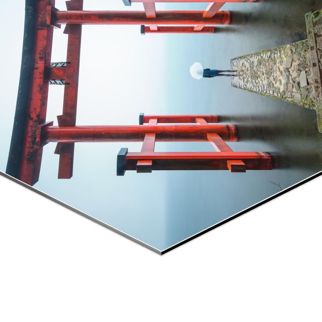 Esagono in Alluminio Dibond - Torii rosso al lago Ashi