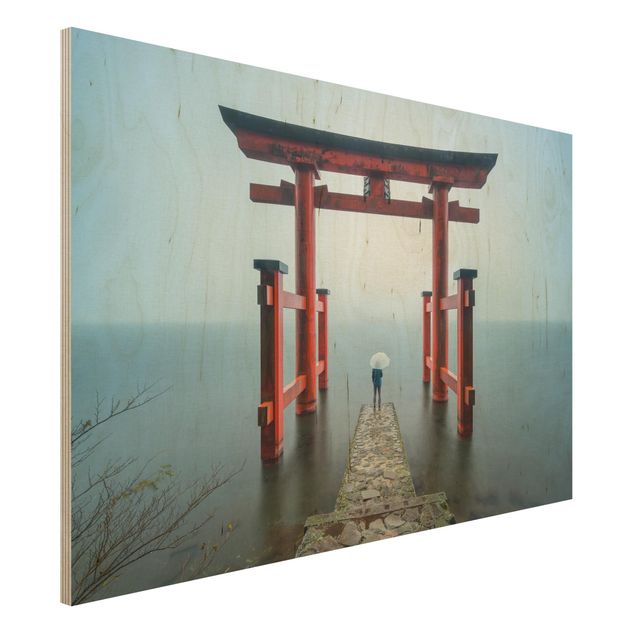 Stampa su legno - Torii rosso al lago Ashi