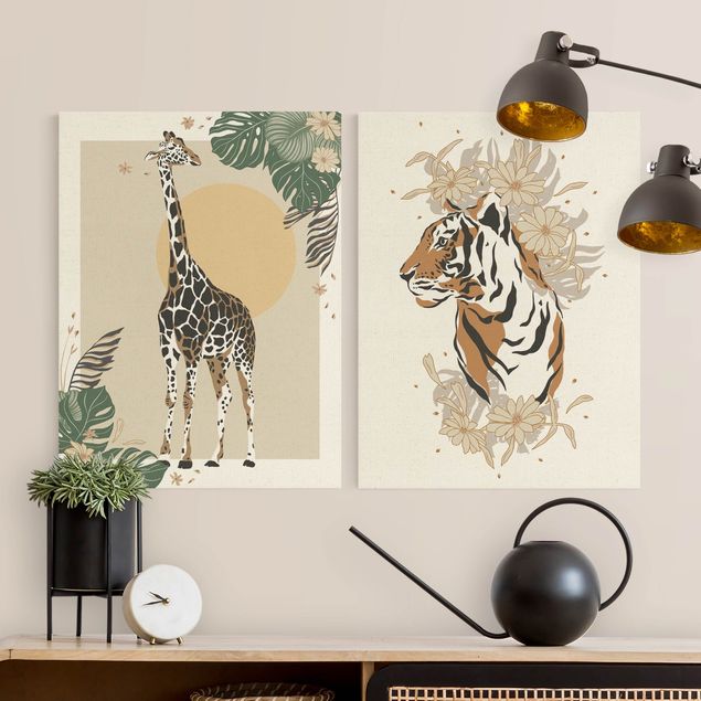 Quadri con giraffe Animali del Safari - Giraffa e tigre