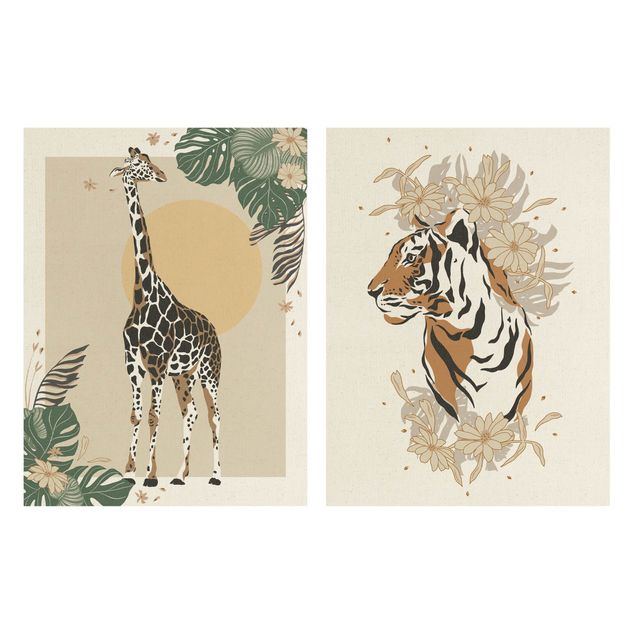 Stampe su tela fiori Animali del Safari - Giraffa e tigre