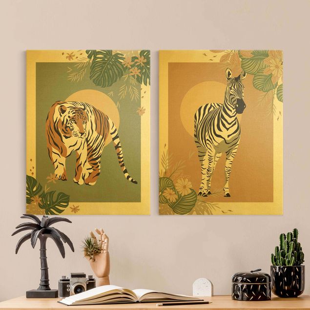 Tele tigre Animali del Safari - Sole dietro Zebra e Tigre