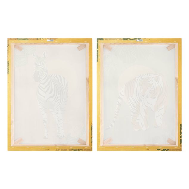 Quadro su tela animali Animali del Safari - Sole dietro Zebra e Tigre