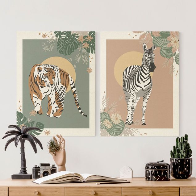 Tele tigre Animali del Safari - Sole dietro Zebra e Tigre