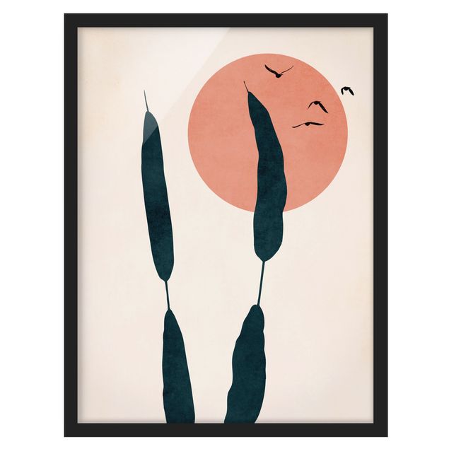 Poster con cornice - Canna palustre davanti al sole rosa