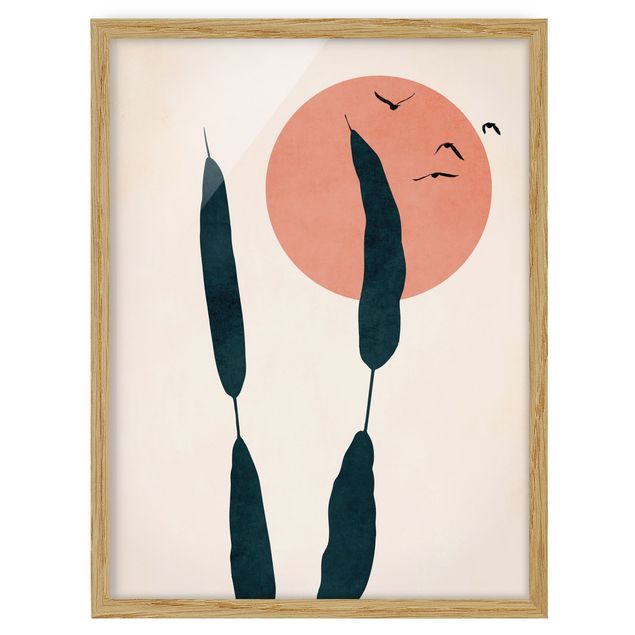 Poster con cornice - Canna palustre davanti al sole rosa