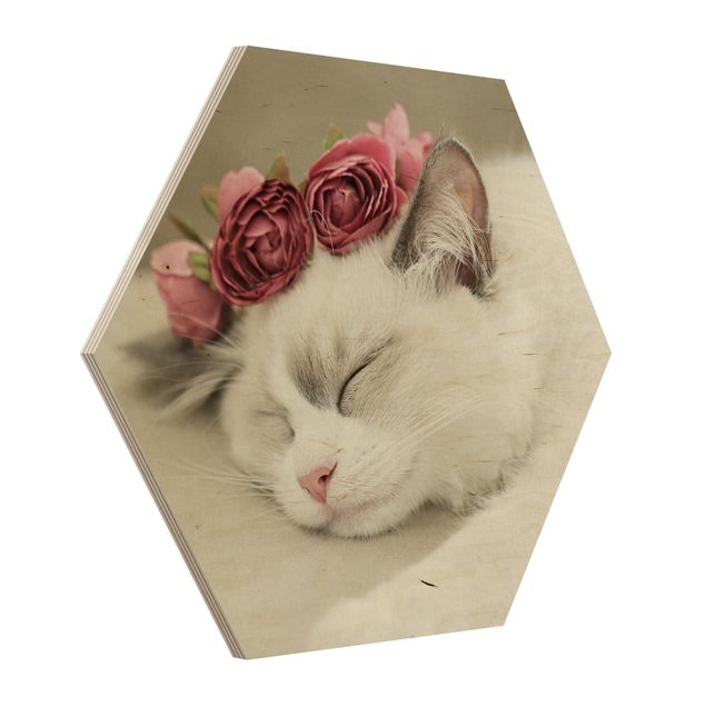 Esagono in legno - Gatto che dorme con rose
