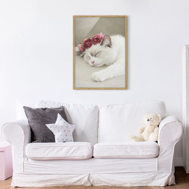 Poster con cornice - Gatto che dorme con rose