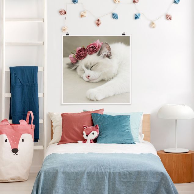Poster cameretta bambini animali Gatto addormentato con rose
