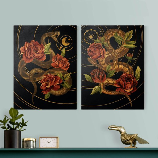 Quadri su tela animali Serpente con rose Duo nero e oro