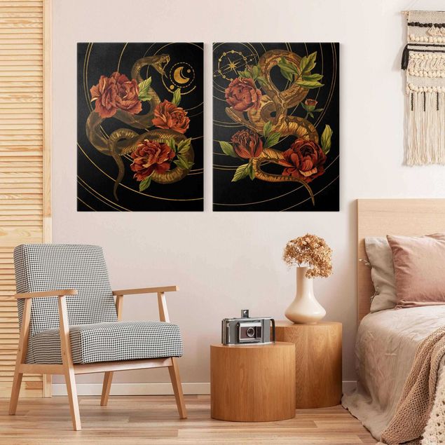 Riproduzione quadri su tela Serpente con rose Duo nero e oro