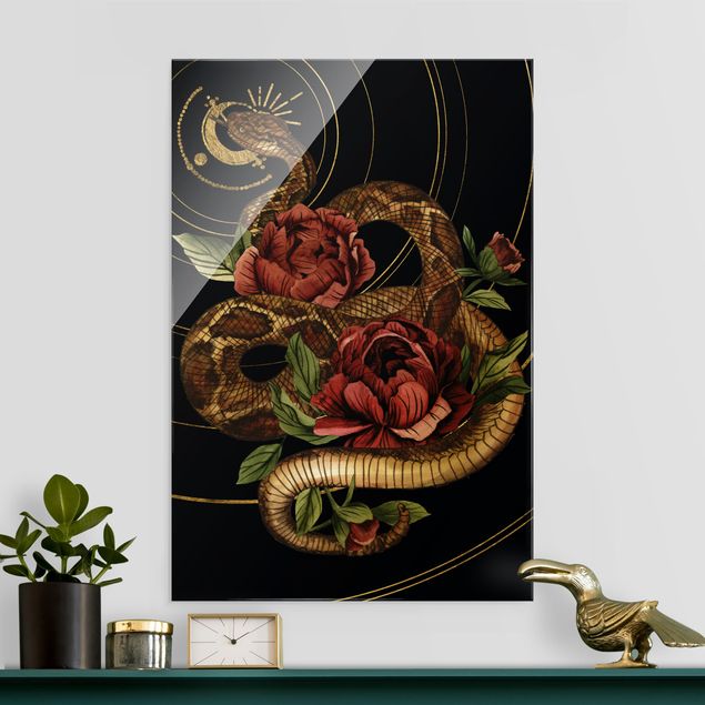 stampe animali Serpente con rose nero e oro I