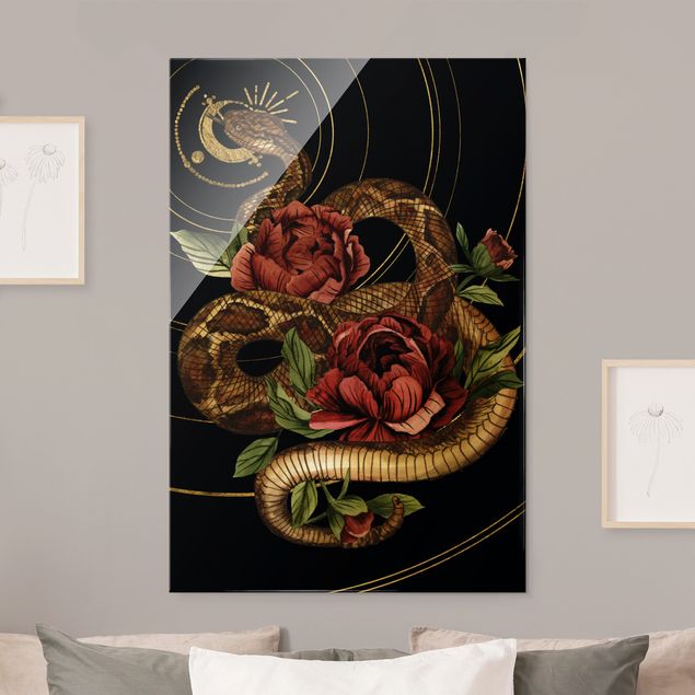 Lavagna magnetica in vetro Serpente con rose nero e oro I