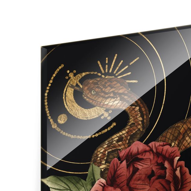 Quadro in vetro - Serpente con rose in nero e oro I - Formato verticale